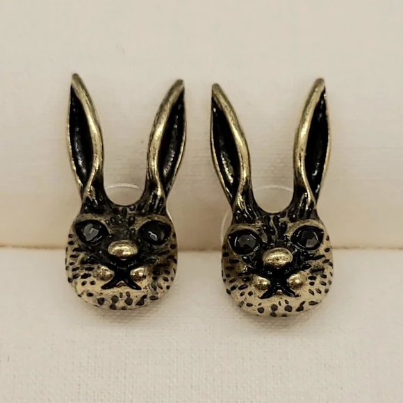 Vintage Estate Bunny Rabbit Crystal Stud Gold Earrings - Picture 8 of 16
